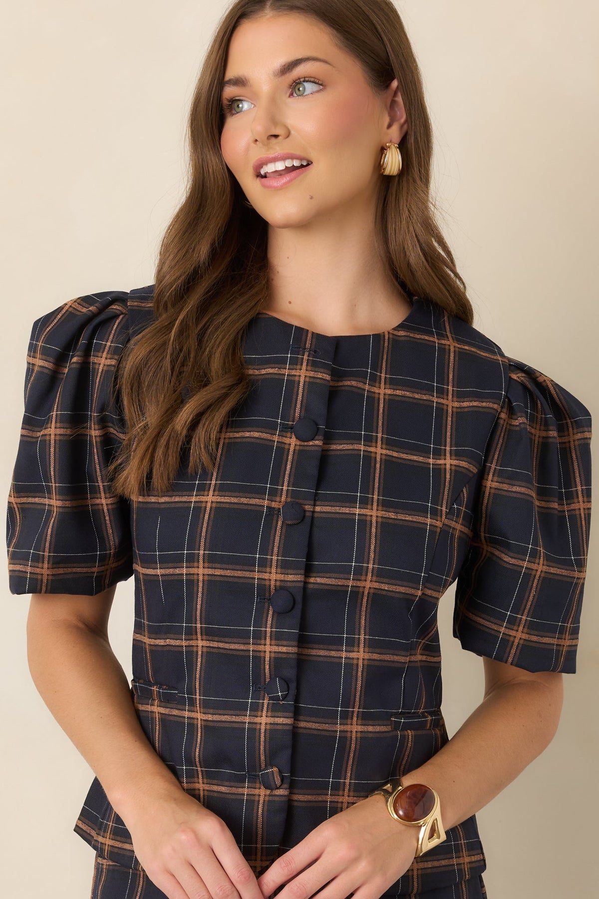 The Proper Sort Navy & Camel Plaid Puff Sleeve Top