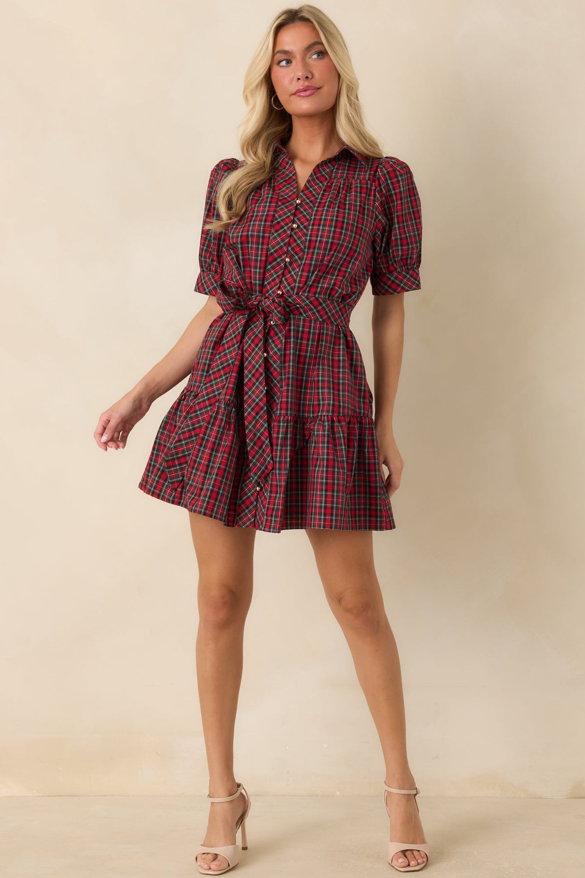Glad We Made Plans Red & Green Plaid Cotton Mini Dress