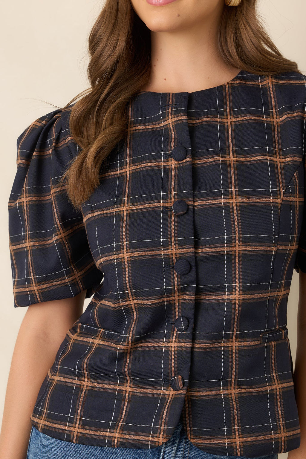 The Proper Sort Navy & Camel Plaid Puff Sleeve Top