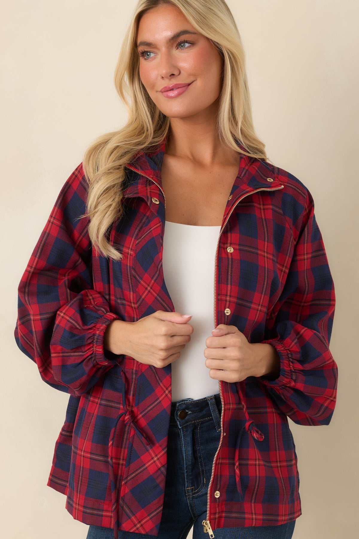 Season in Session Red & Navy Plaid Cinch Waist Jacket