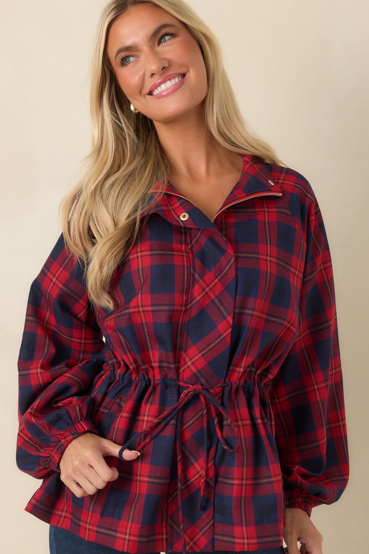 Season in Session Red & Navy Plaid Cinch Waist Jacket