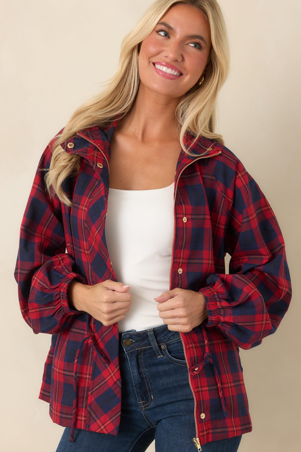 Season in Session Red & Navy Plaid Cinch Waist Jacket