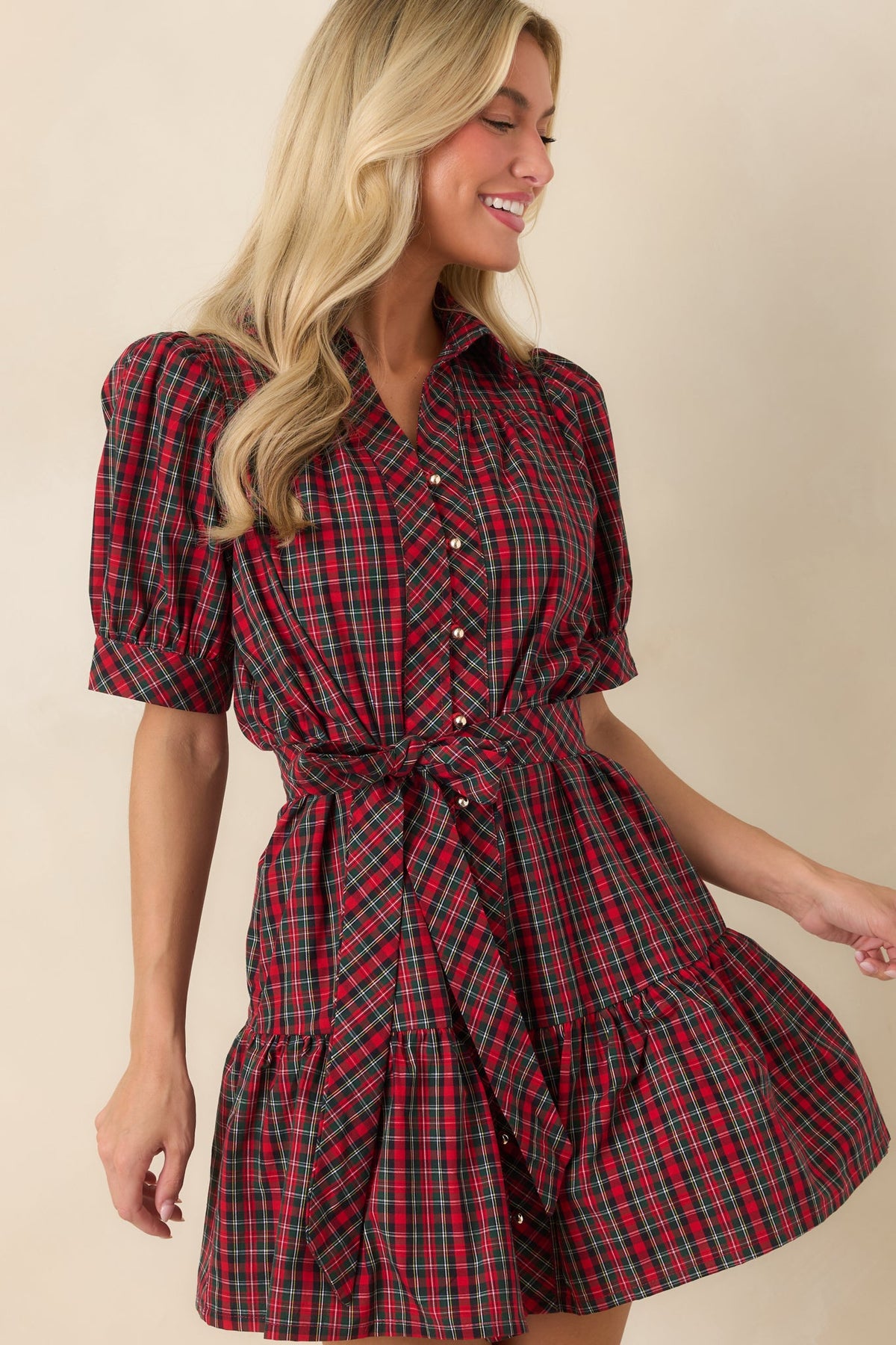 Glad We Made Plans Red & Green Plaid Cotton Mini Dress