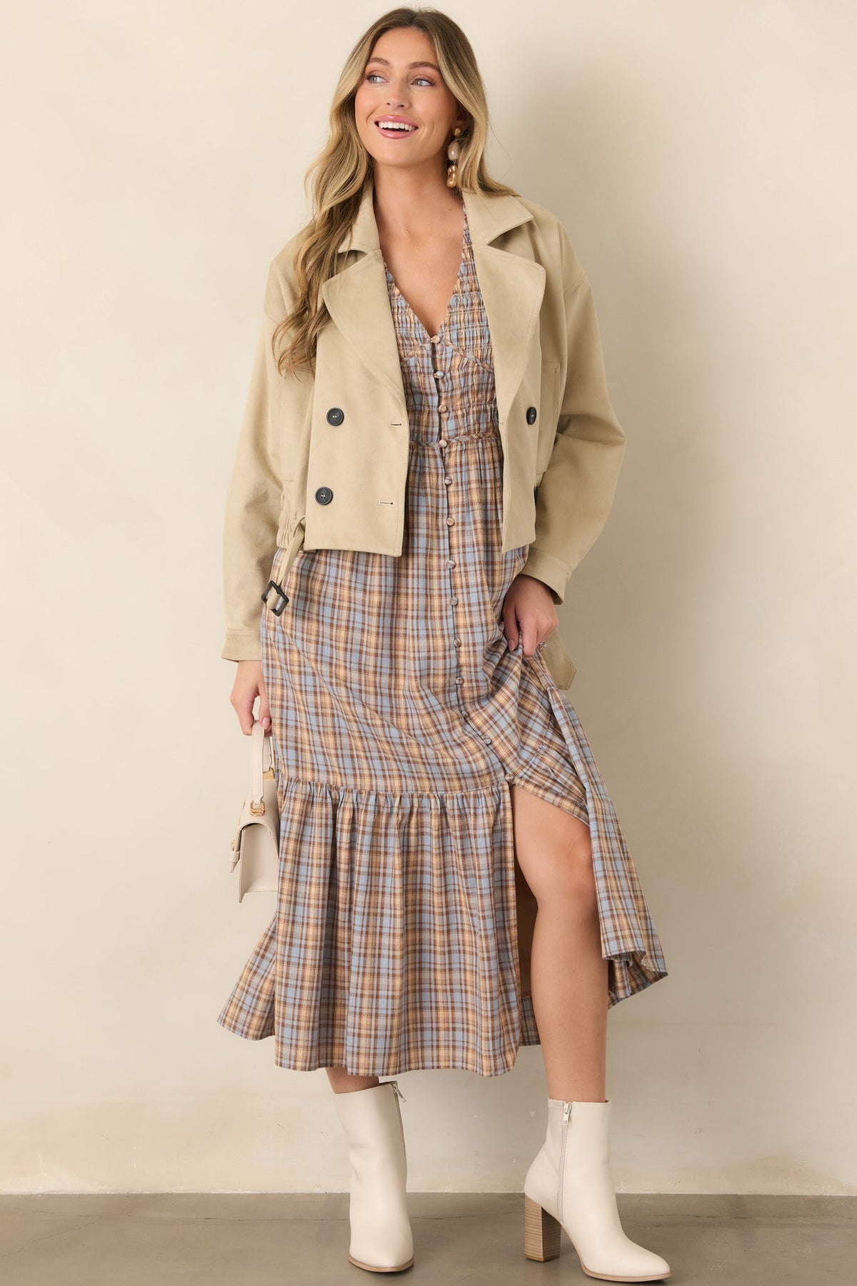 As the Day Goes Dusty Blue & Tan Plaid Cotton Smocked Midi Dress