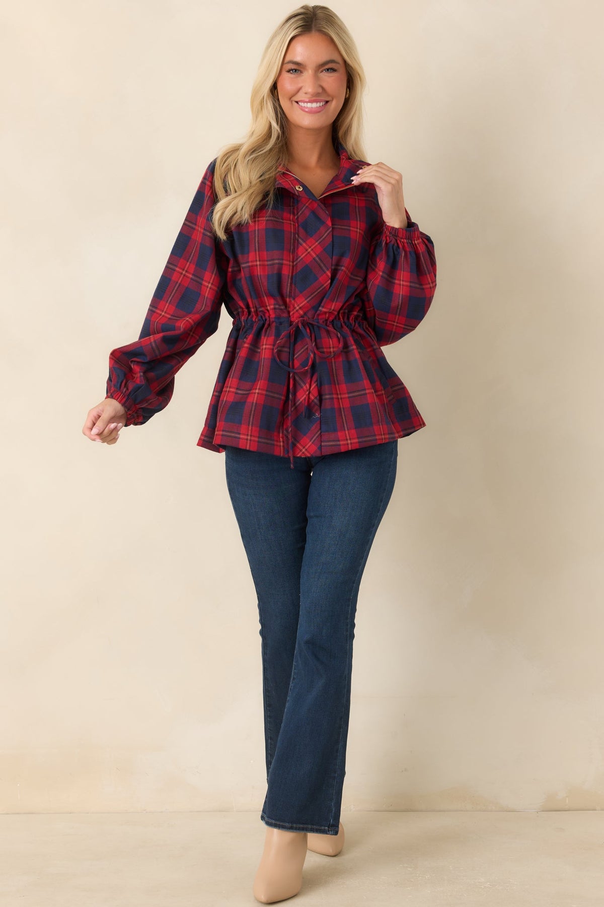 Season in Session Red & Navy Plaid Cinch Waist Jacket