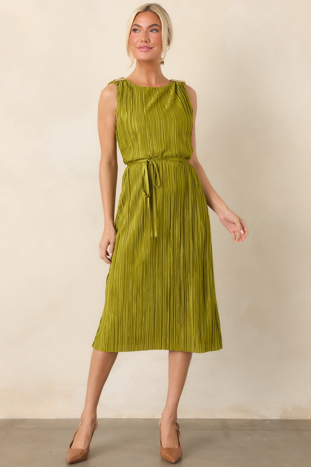 Afterglow Peridot Green Pleated Midi Dress