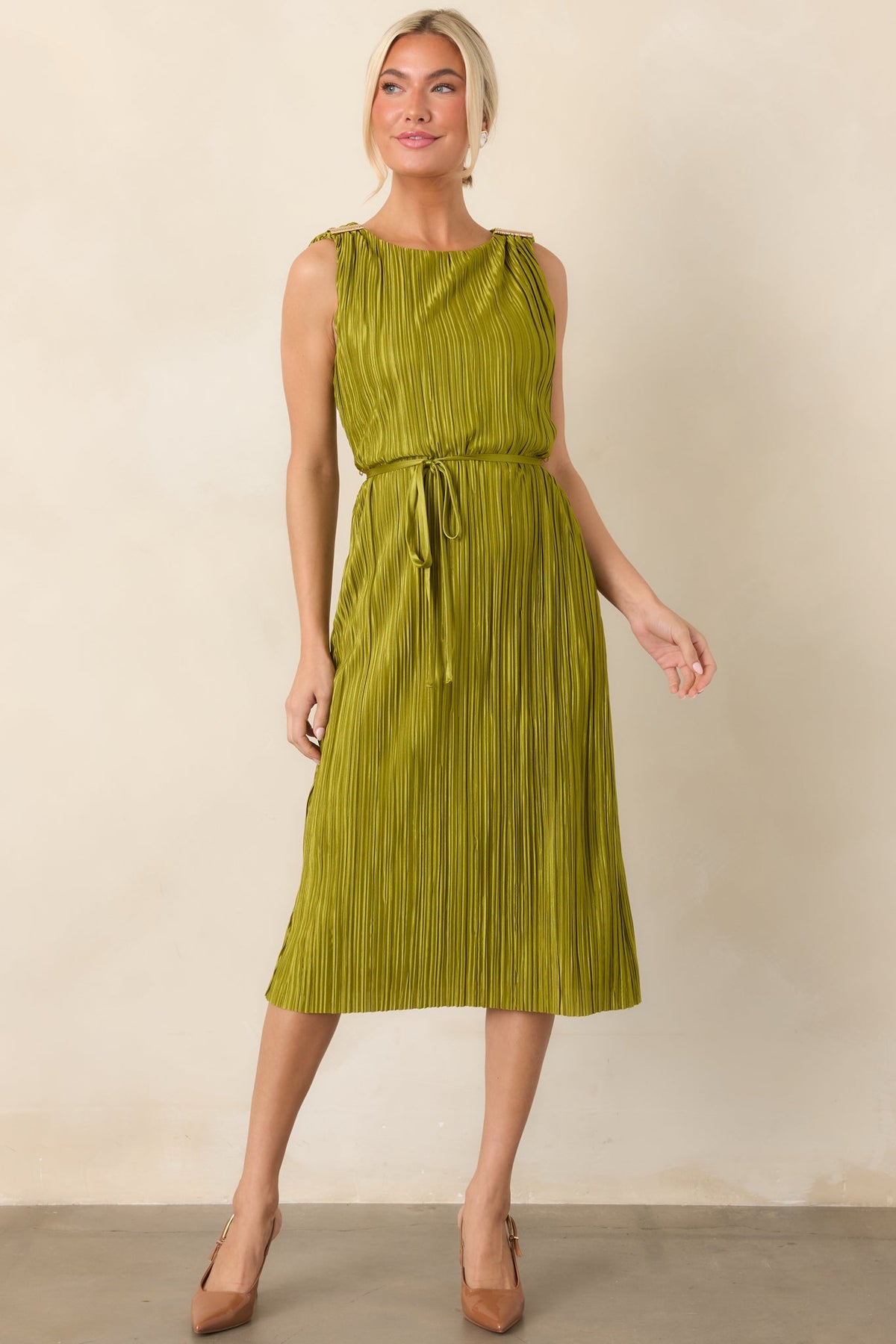 Afterglow Peridot Green Pleated Midi Dress