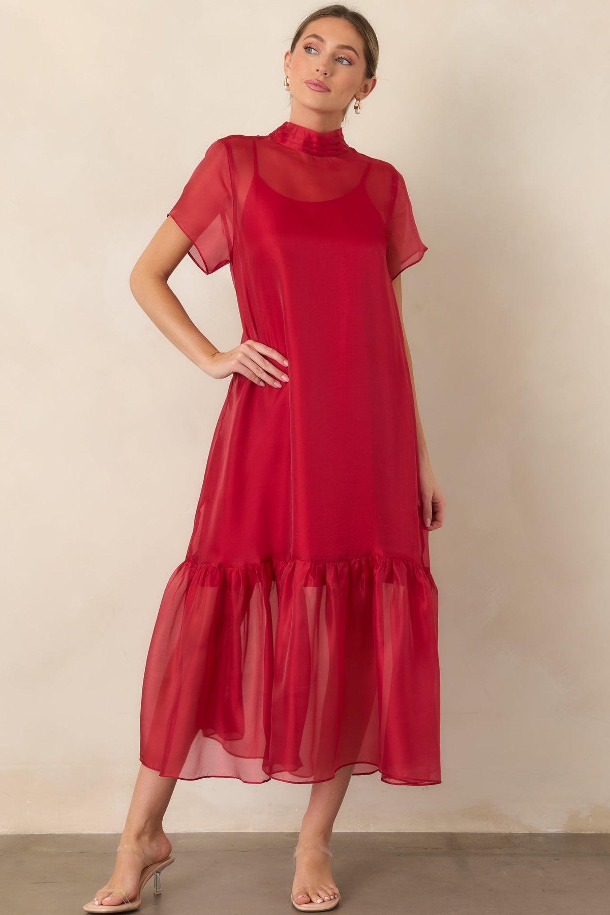 For the Occasion Red Sheer Organza Short Sleeve Maxi Dress
