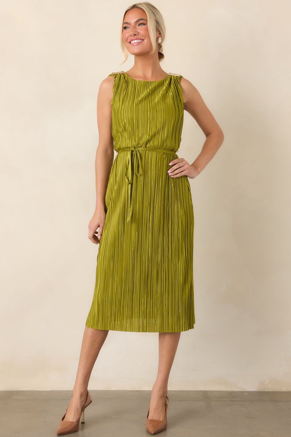 Afterglow Peridot Green Pleated Midi Dress
