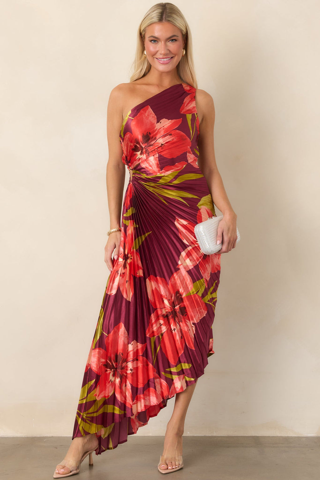 Poetic Charm Plum Hibiscus One Shoulder Pleated Satin Maxi Dress