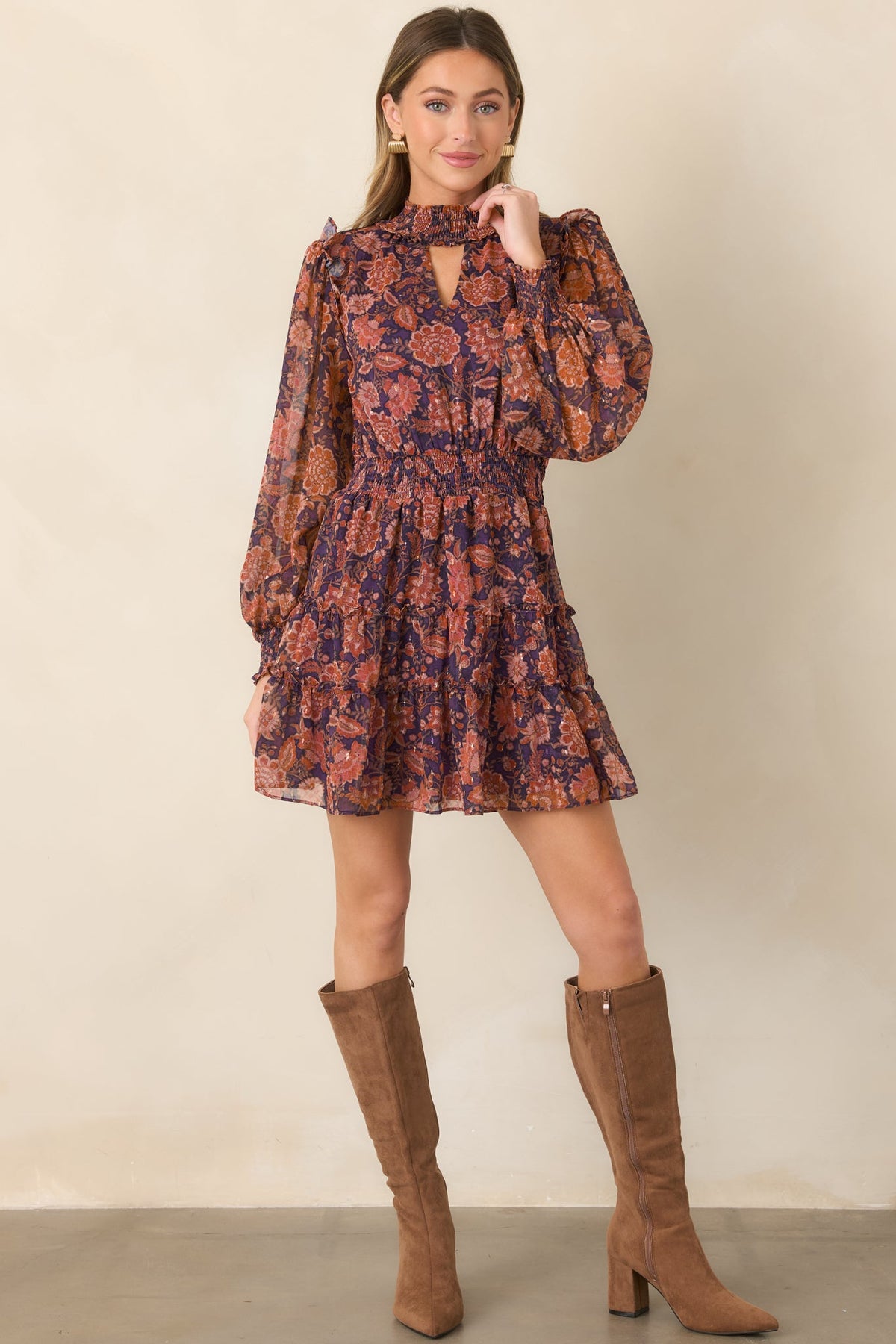 Love in the Air Plum & Rust Floral Tiered Mini Dress
