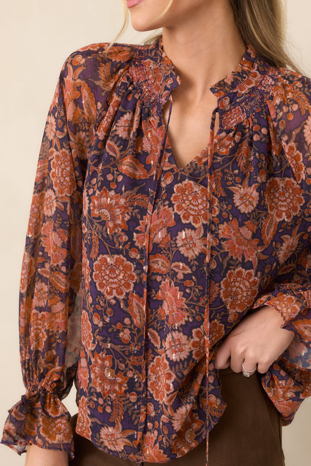 Season of Romance Plum & Rust Floral Ruffle Neck Blouse