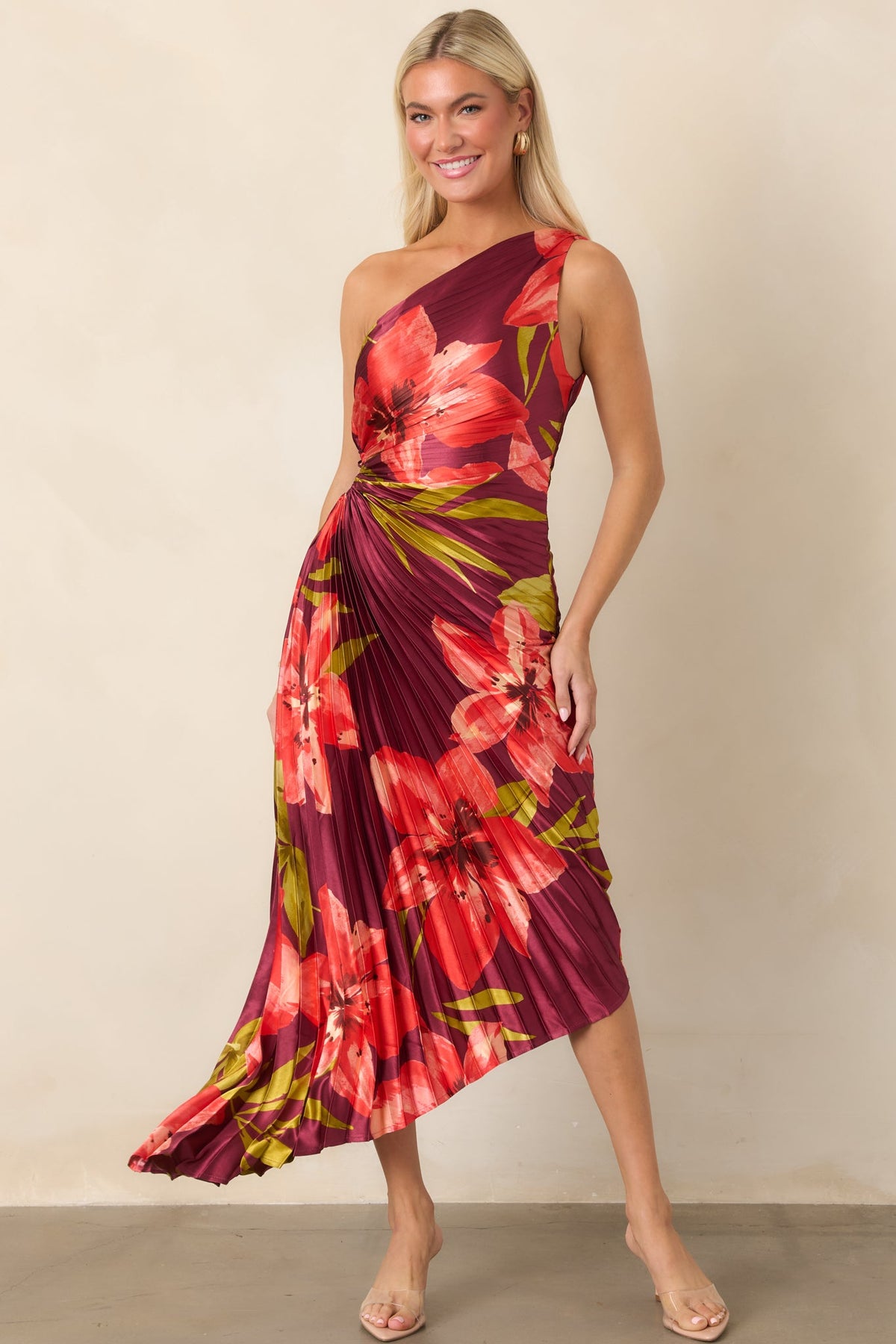 Poetic Charm Plum Hibiscus One Shoulder Pleated Satin Maxi Dress
