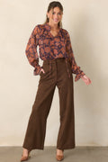 Season of Romance Plum & Rust Floral Ruffle Neck Blouse
