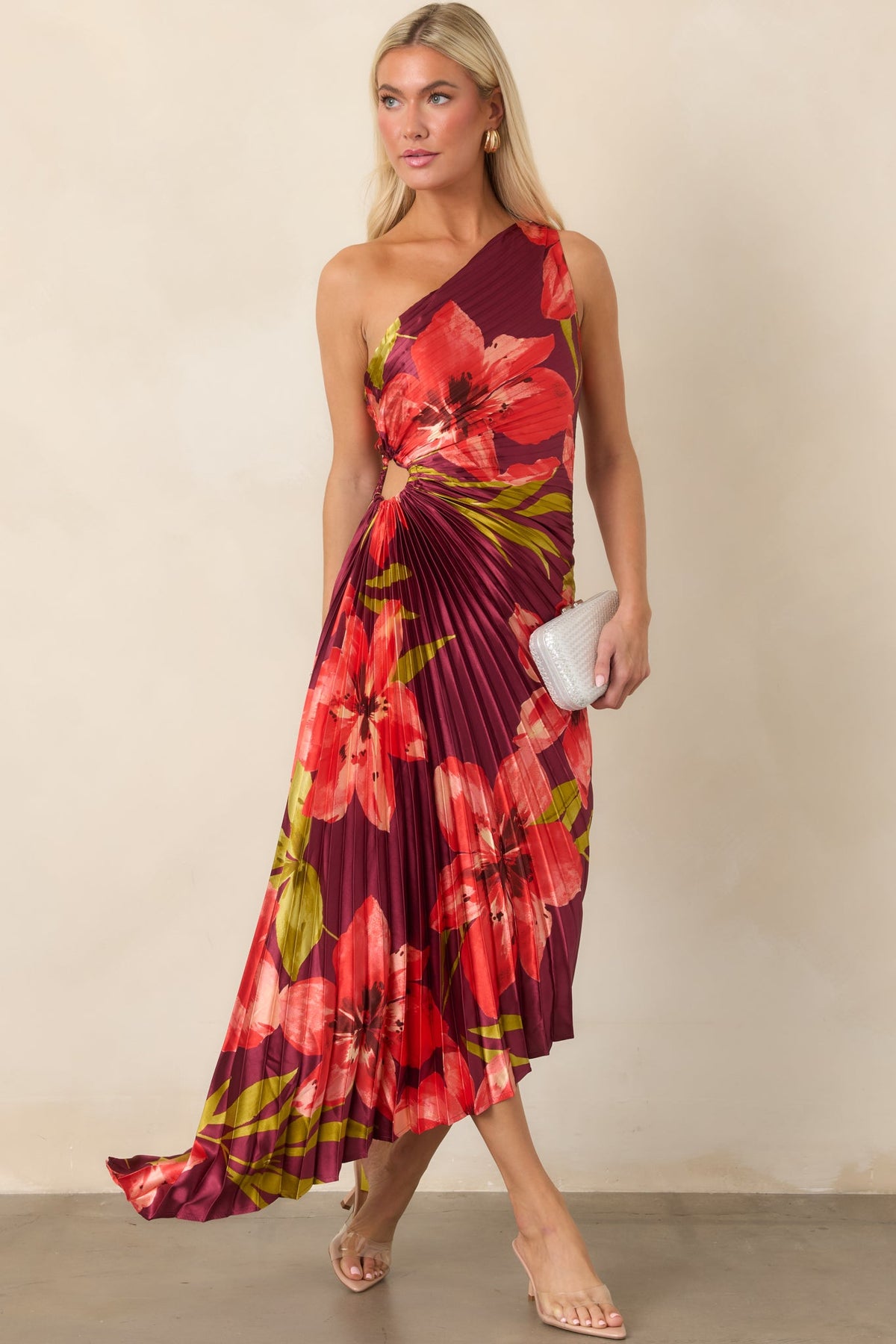 Poetic Charm Plum Hibiscus One Shoulder Pleated Satin Maxi Dress