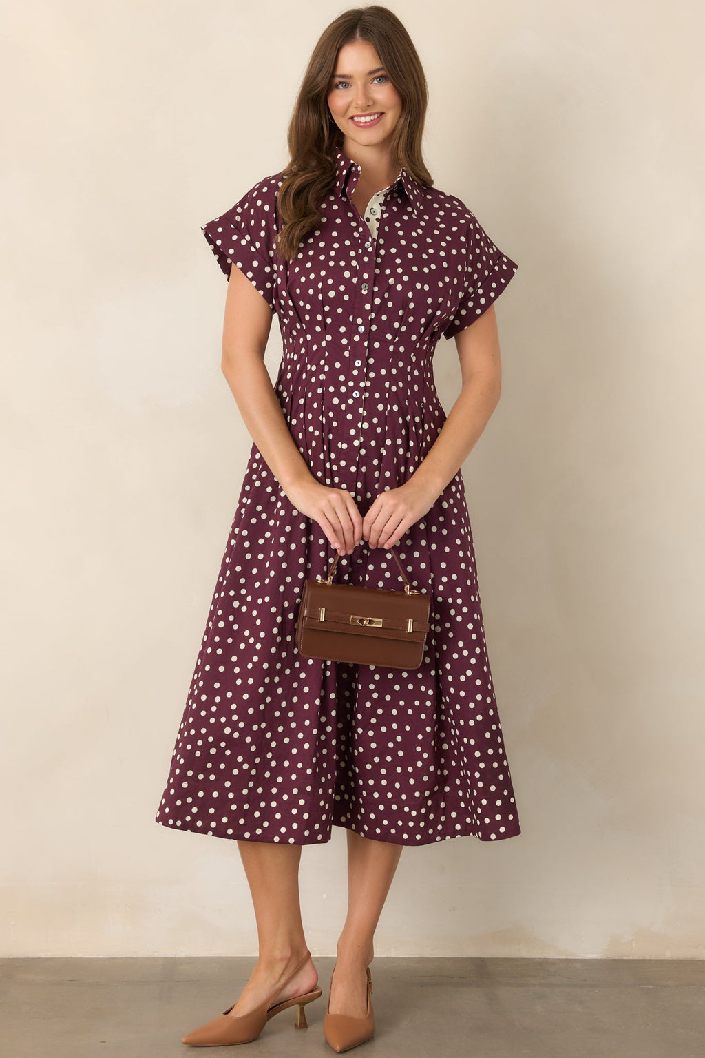 Making a Point Plum & Ivory Polka Dot Cotton Midi Shirt Dress