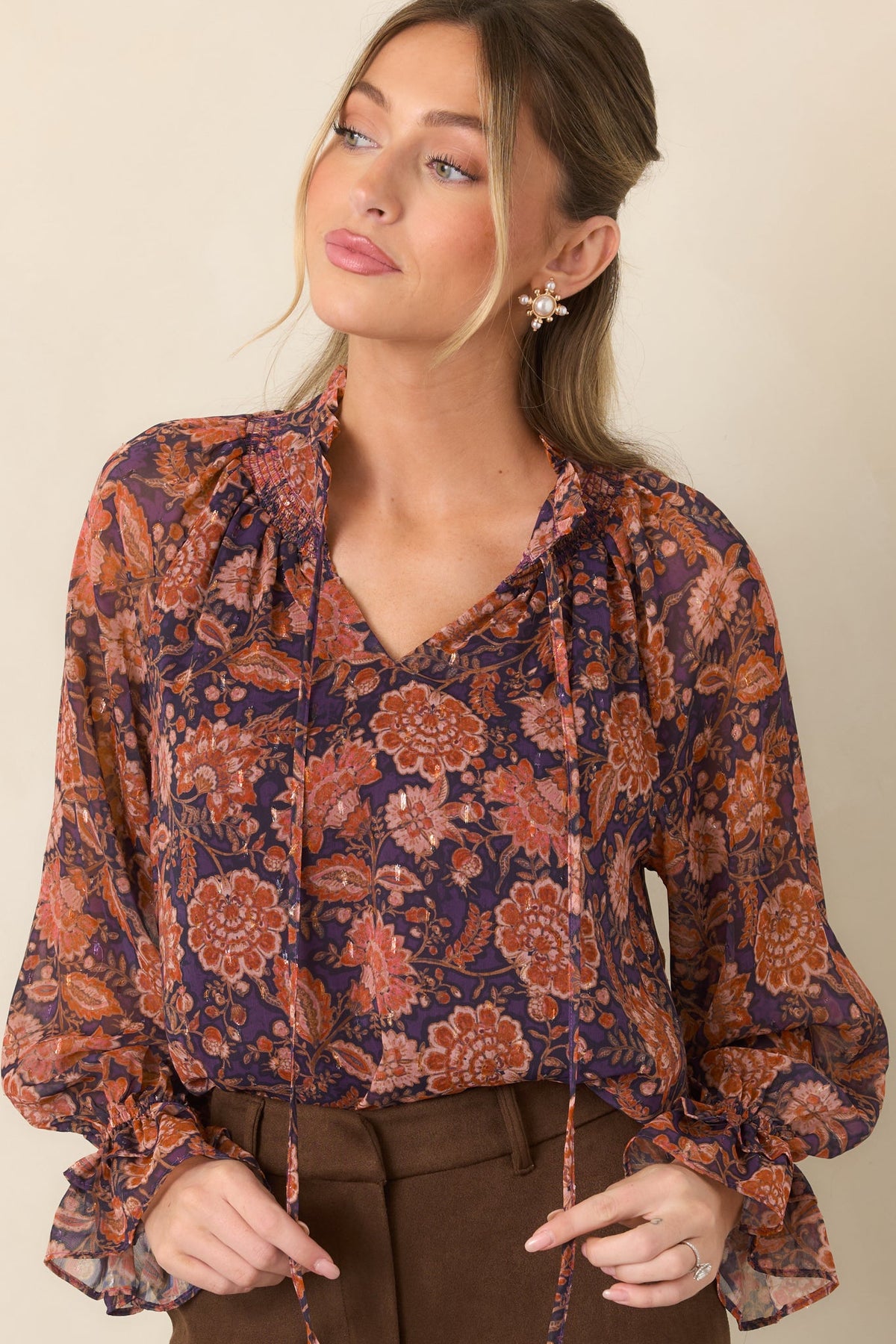 Season of Romance Plum & Rust Floral Ruffle Neck Blouse