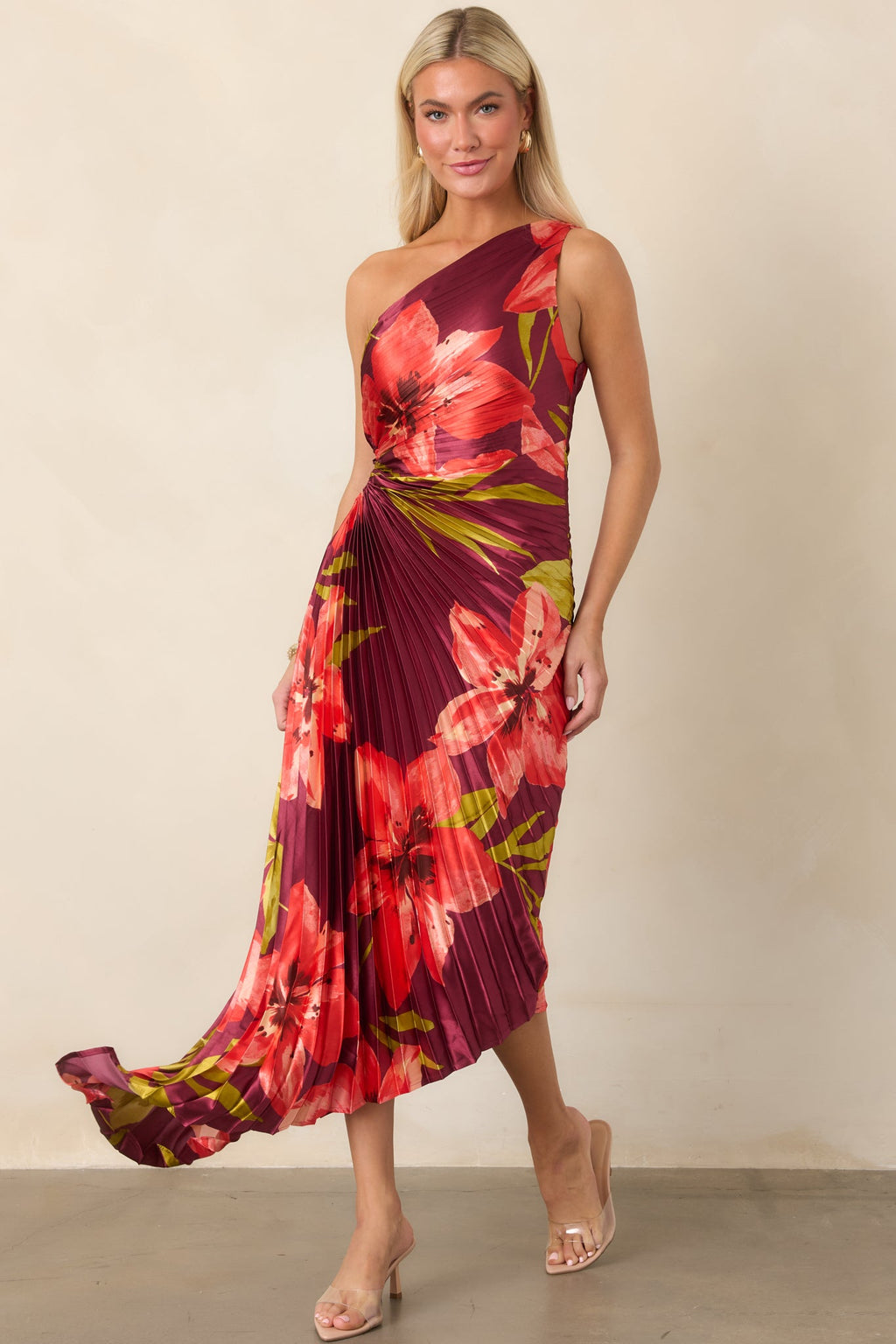 Poetic Charm Plum Hibiscus One Shoulder Pleated Satin Maxi Dress