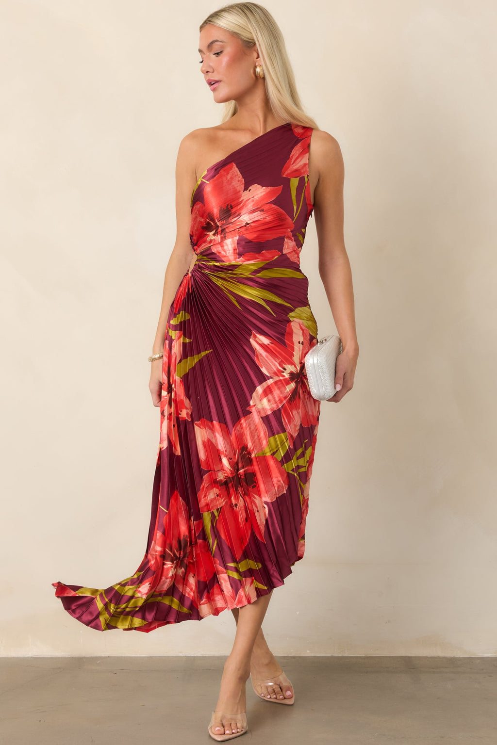 Poetic Charm Plum Hibiscus One Shoulder Pleated Satin Maxi Dress