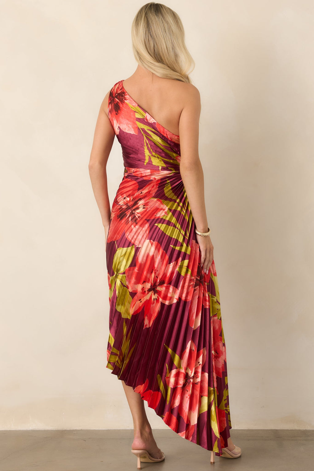 Poetic Charm Plum Hibiscus One Shoulder Pleated Satin Maxi Dress
