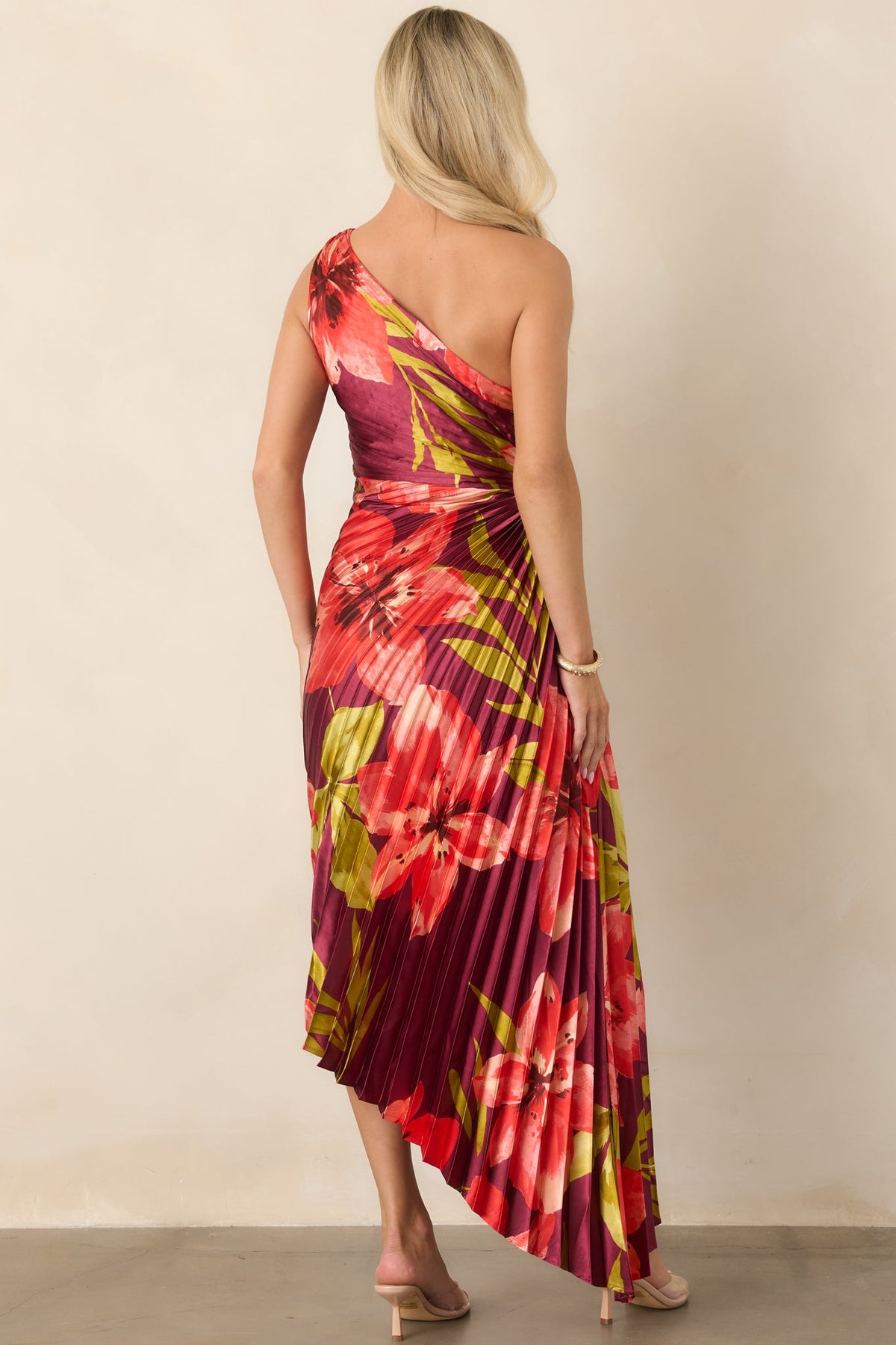 Poetic Charm Plum Hibiscus One Shoulder Pleated Satin Maxi Dress