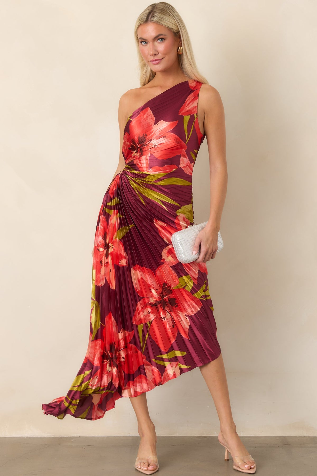 Poetic Charm Plum Hibiscus One Shoulder Pleated Satin Maxi Dress