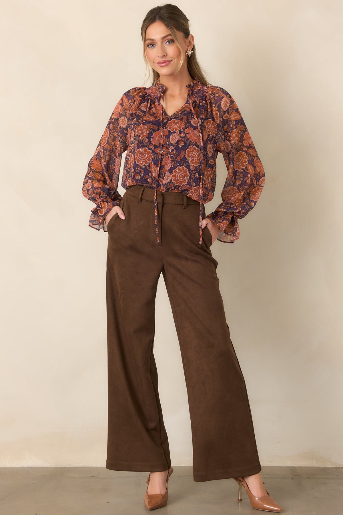 Season of Romance Plum & Rust Floral Ruffle Neck Blouse