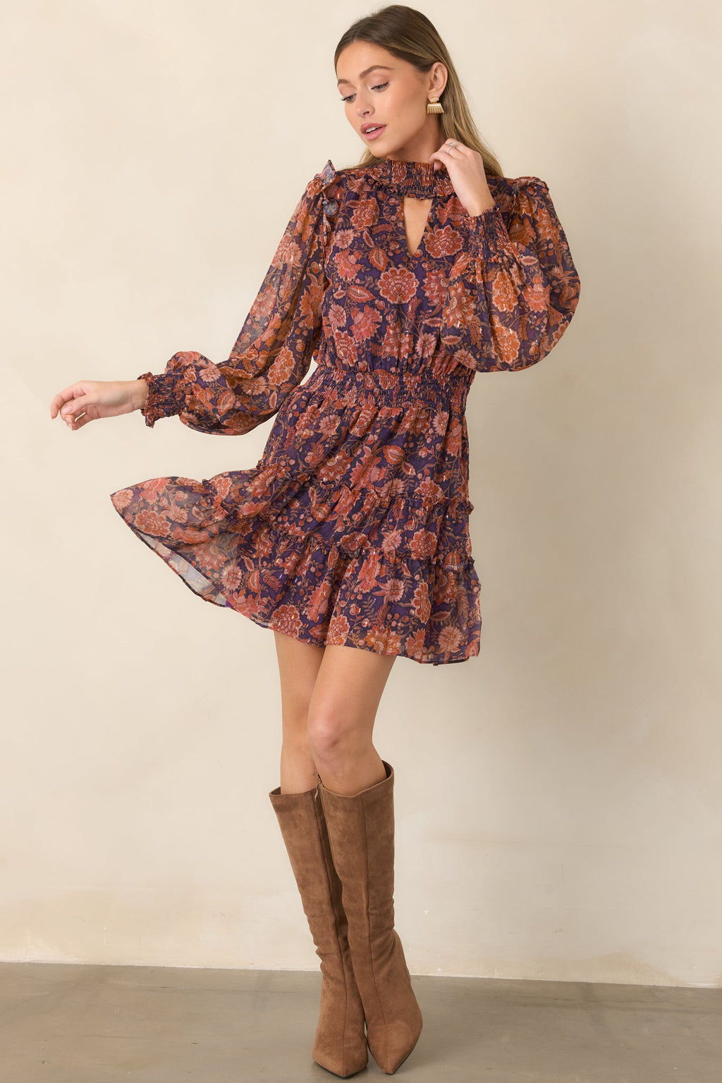 Love in the Air Plum & Rust Floral Tiered Mini Dress