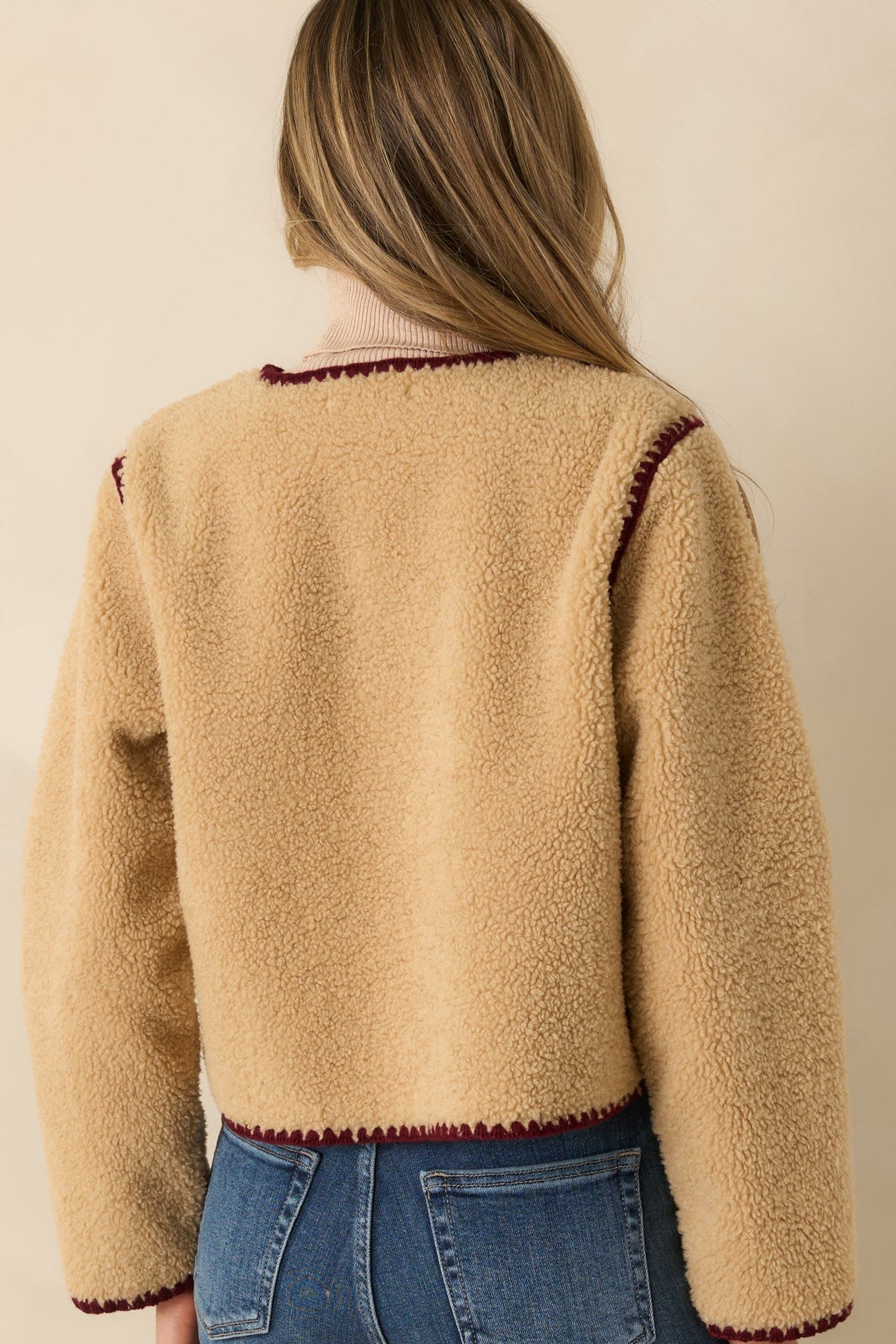 Bound to Be Cozy Beige & Burgundy Contrast Stitch Sherpa Jacket