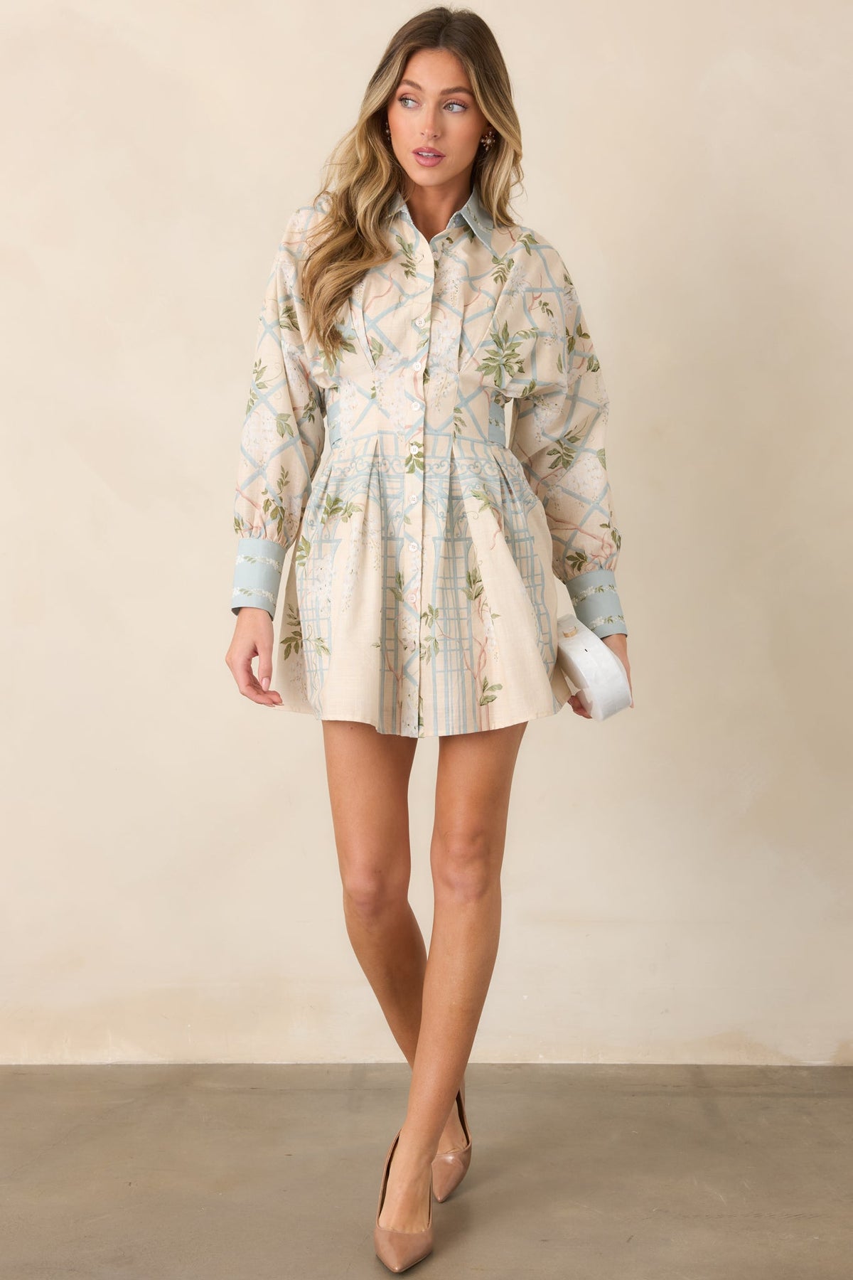 En Saison Georgina Ivory Floral Lattice Textured Shirt Dress