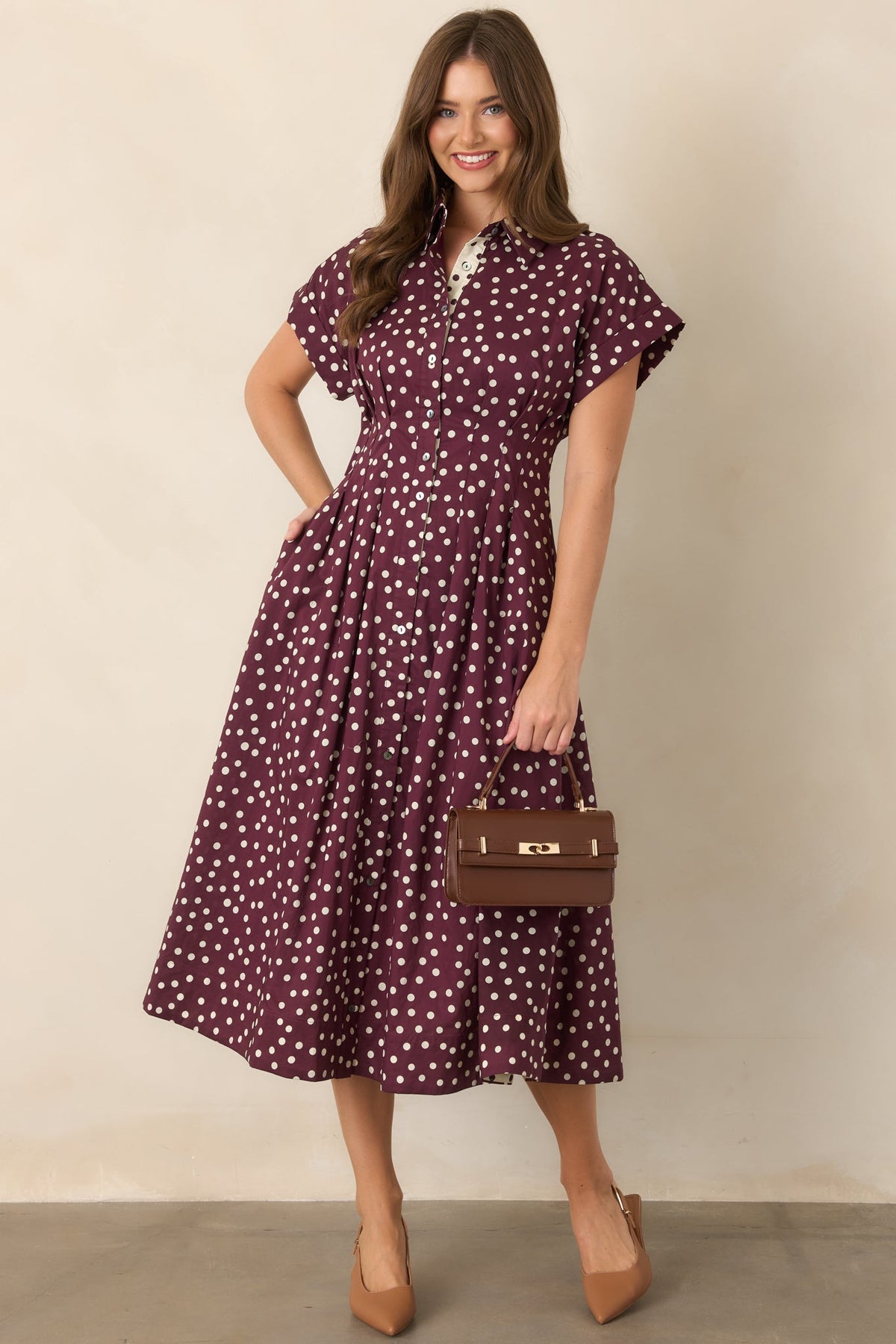 Making a Point Plum & Ivory Polka Dot Cotton Midi Shirt Dress