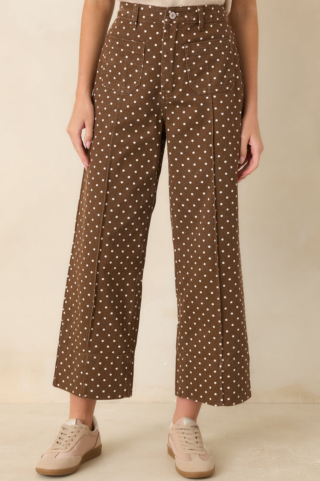 Dot Your Average Brown Cotton Polka Dot Cropped Wide Leg Pants