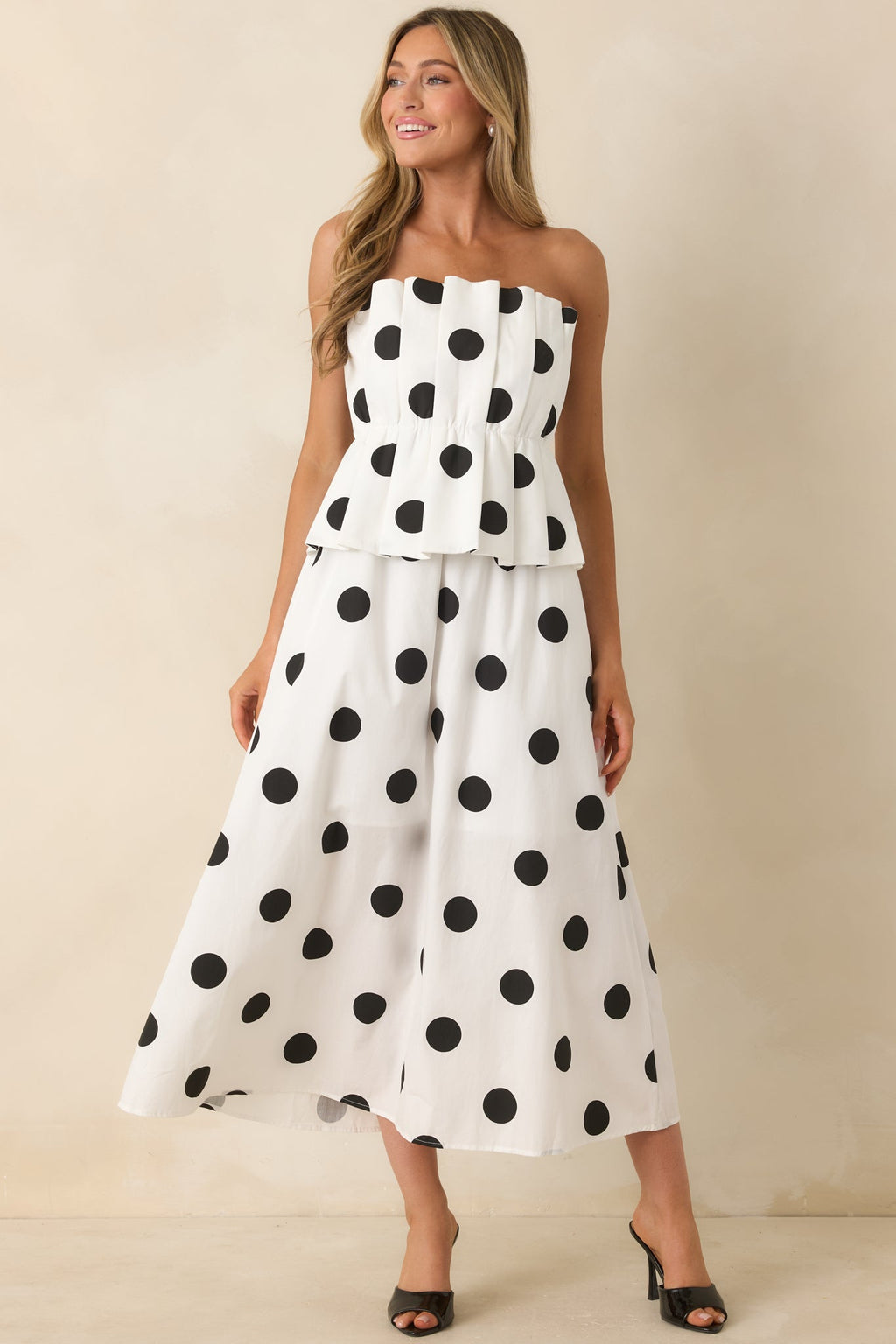 A Class of Her Own White & Black Polka Dot Strapless Midi Dress