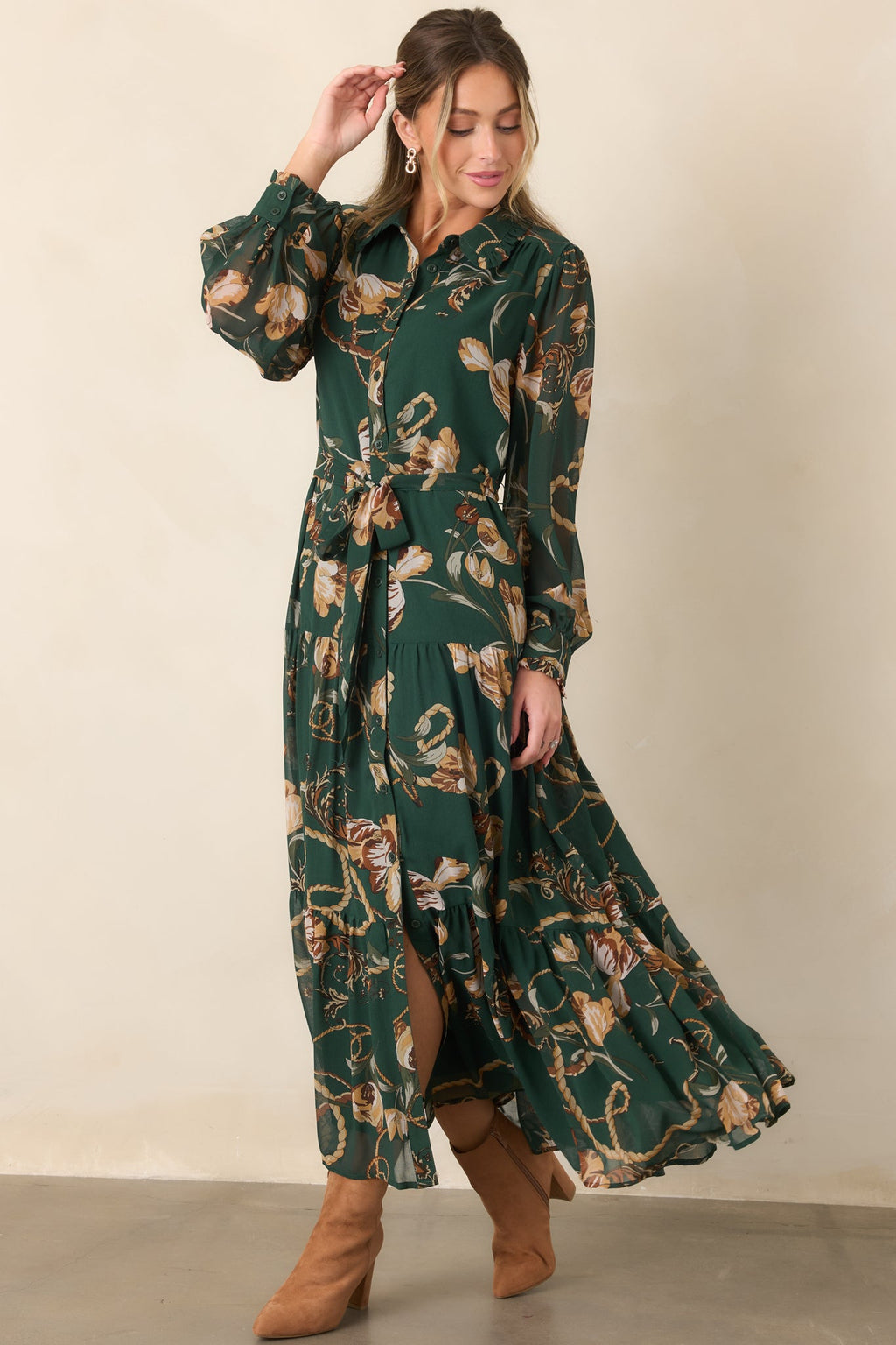 Weekend at the Manor Forest Green Floral Rope Print Tie-Waist Maxi Dress