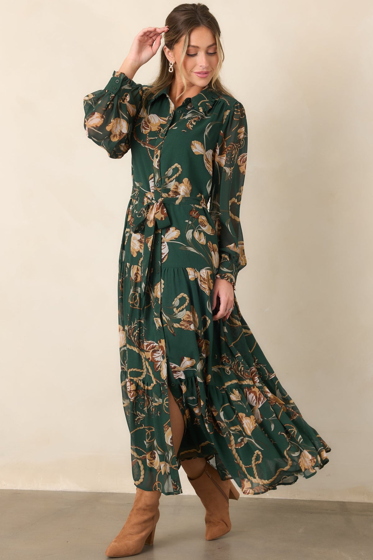 Weekend at the Manor Forest Green Floral Rope Print Tie-Waist Maxi Dress