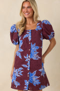 If You Ask Me Wine & Cobalt Floral Cotton Puff Sleeve Mini Dress