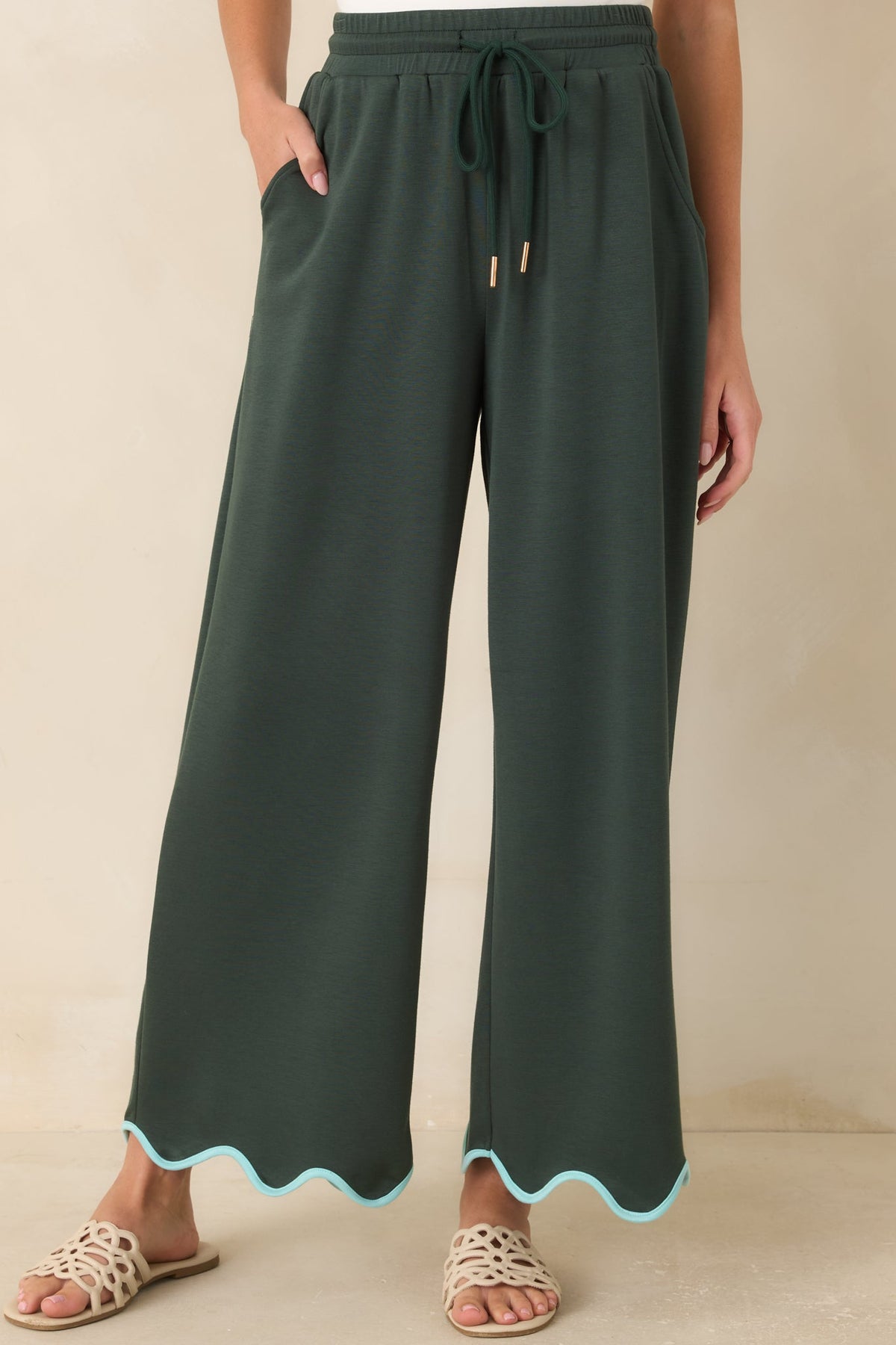 On My Time Hunter Green Scalloped Trim Wide Leg Pants
