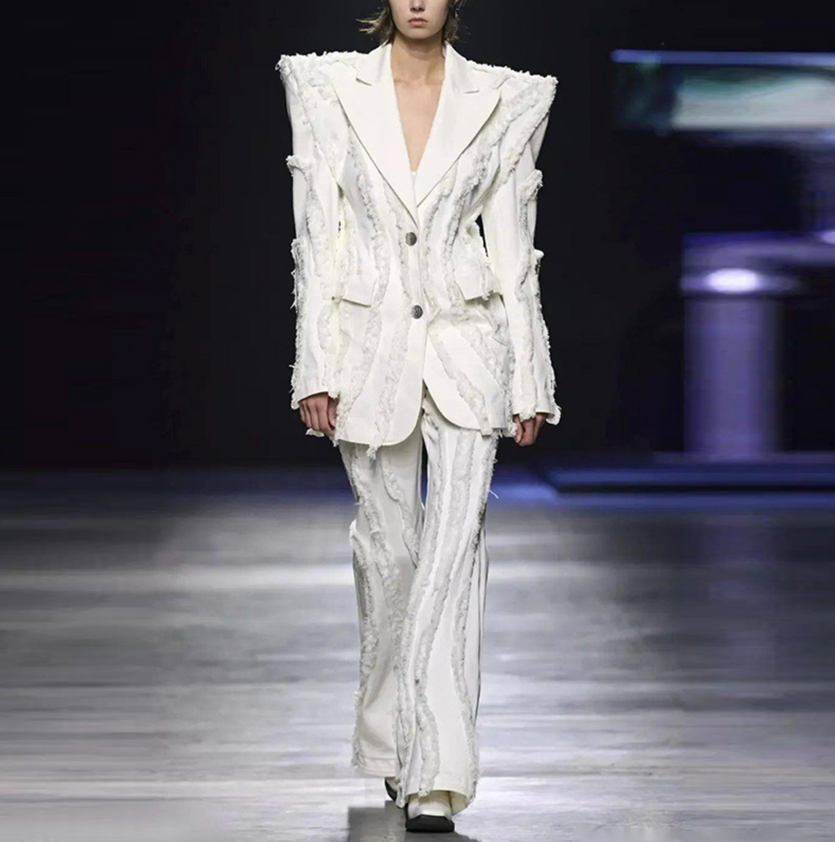 Women's White Denim Fringe Tassel Blazer with Padded Shoulders + Flare Trousers