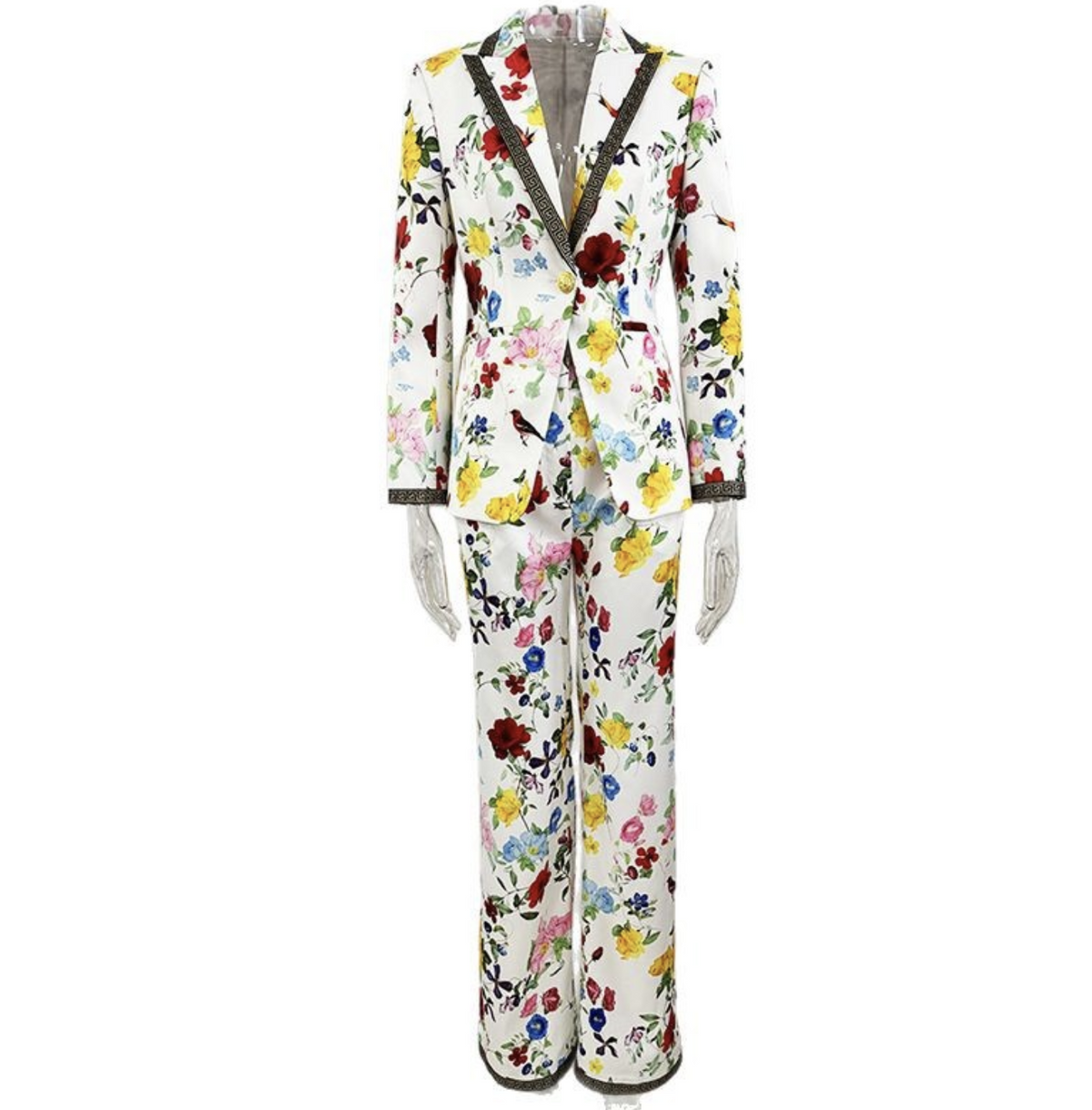 Designer Inspired Floral White Blazer & Pants Trousers Set Suit