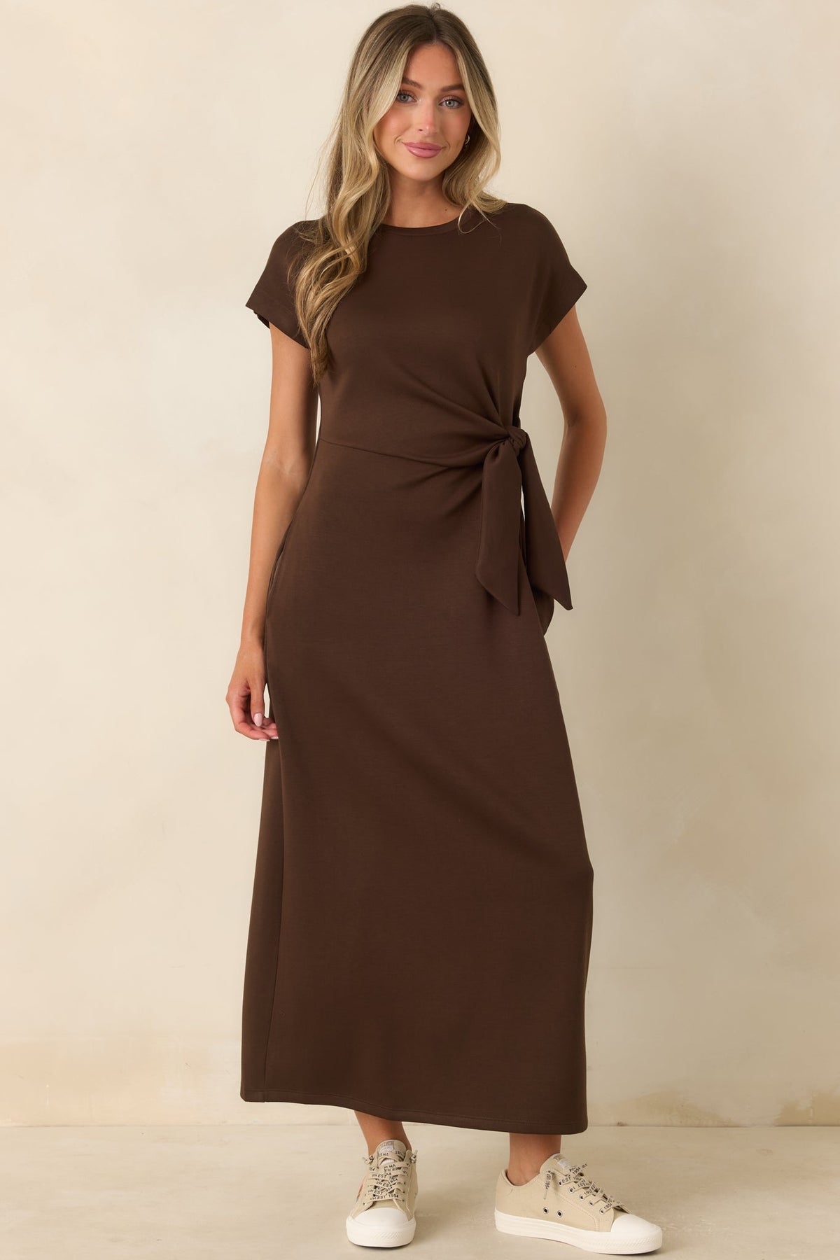 On a Side Note Chocolate Brown Side Tie Maxi Dress