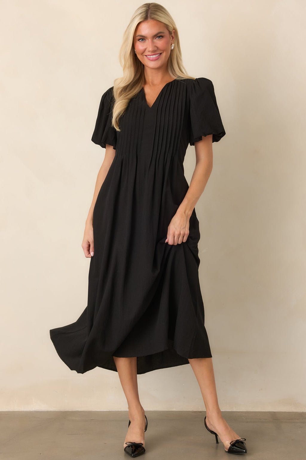 Tucked Away Memories Black Pintuck Puff Sleeve Midi Dress