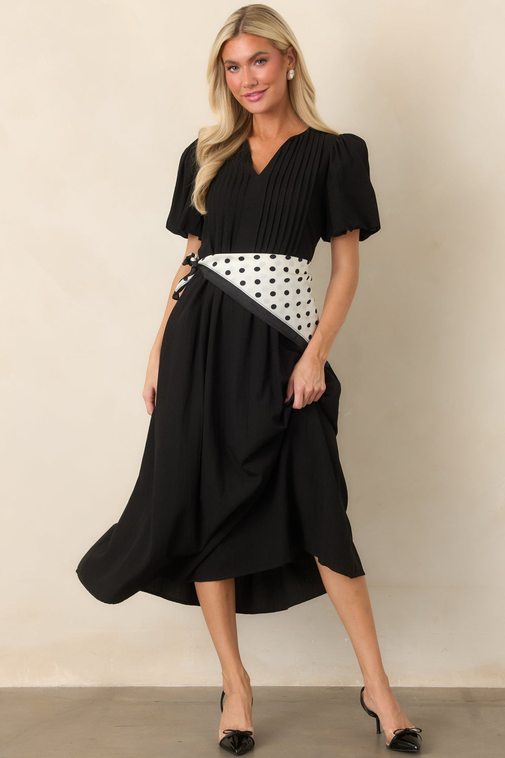 Tucked Away Memories Black Pintuck Puff Sleeve Midi Dress