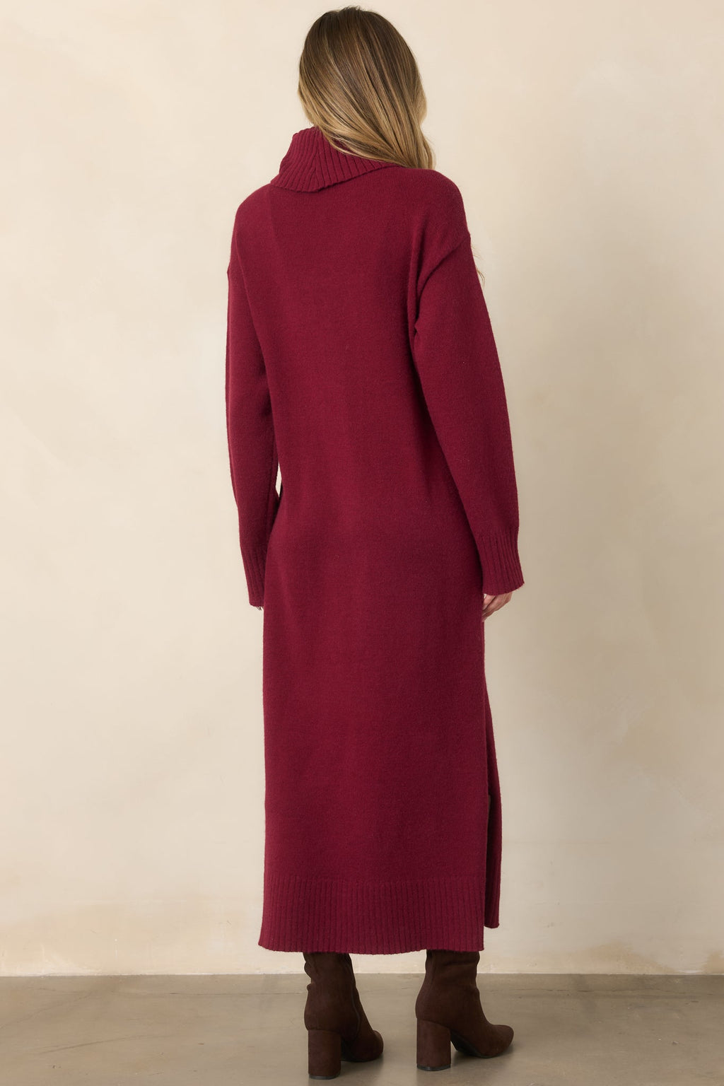 Toasty Thoughts Burgundy Red Knit Turtleneck Sweater Midi Dress