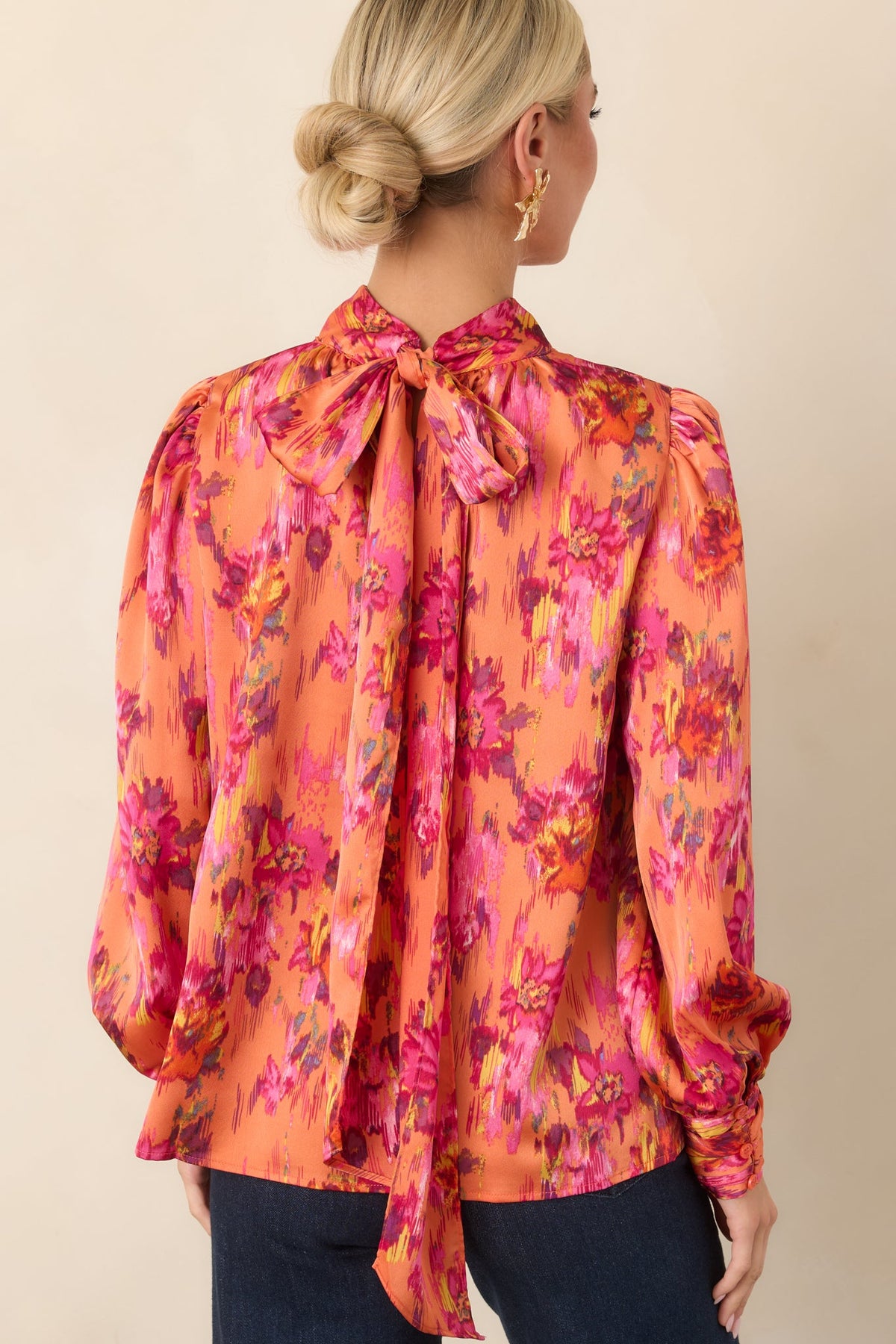 Worth Noticing Orange Multi Floral Satin Blouse