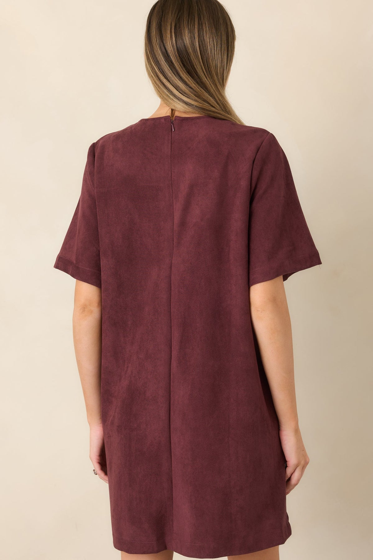 After the Derby Burgundy Faux Suede Horsebit Mini Dress