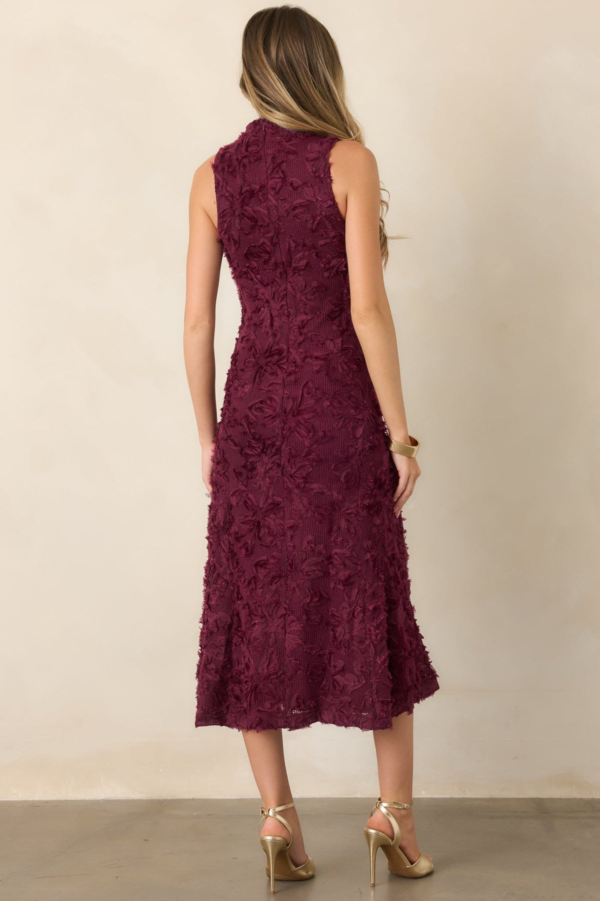 A Night to Remember Wine Red Knit Floral Appliqué Midi Dress