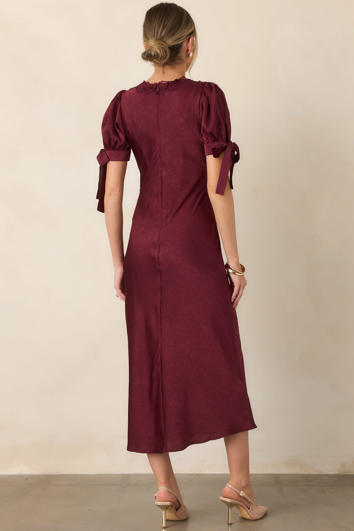 More Than a Feeling Burgundy Satin Lace Trim Midi Dress