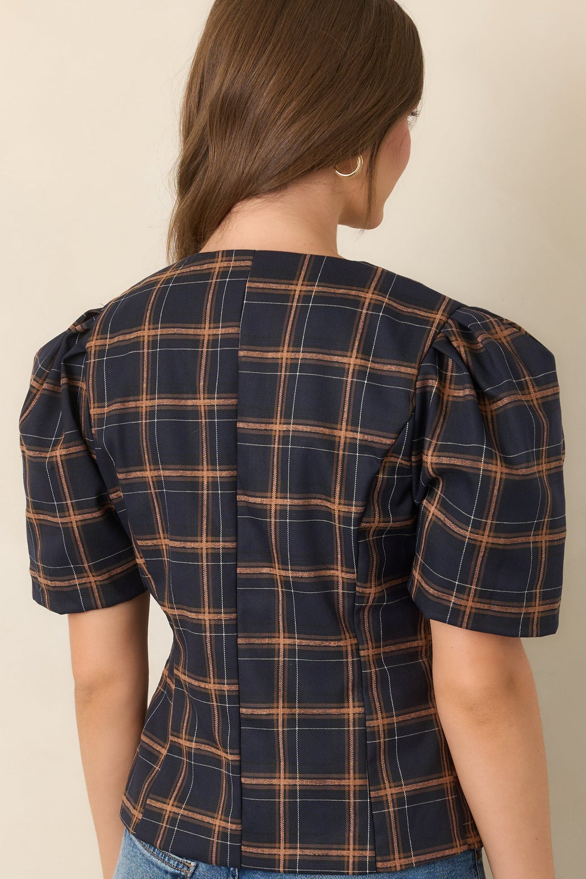 The Proper Sort Navy & Camel Plaid Puff Sleeve Top