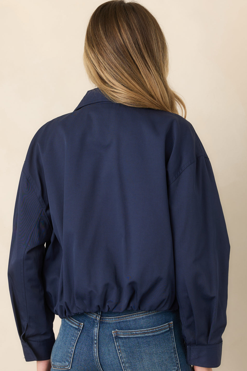 Smooth Finish Navy Blue Zip Up Bomber Jacket