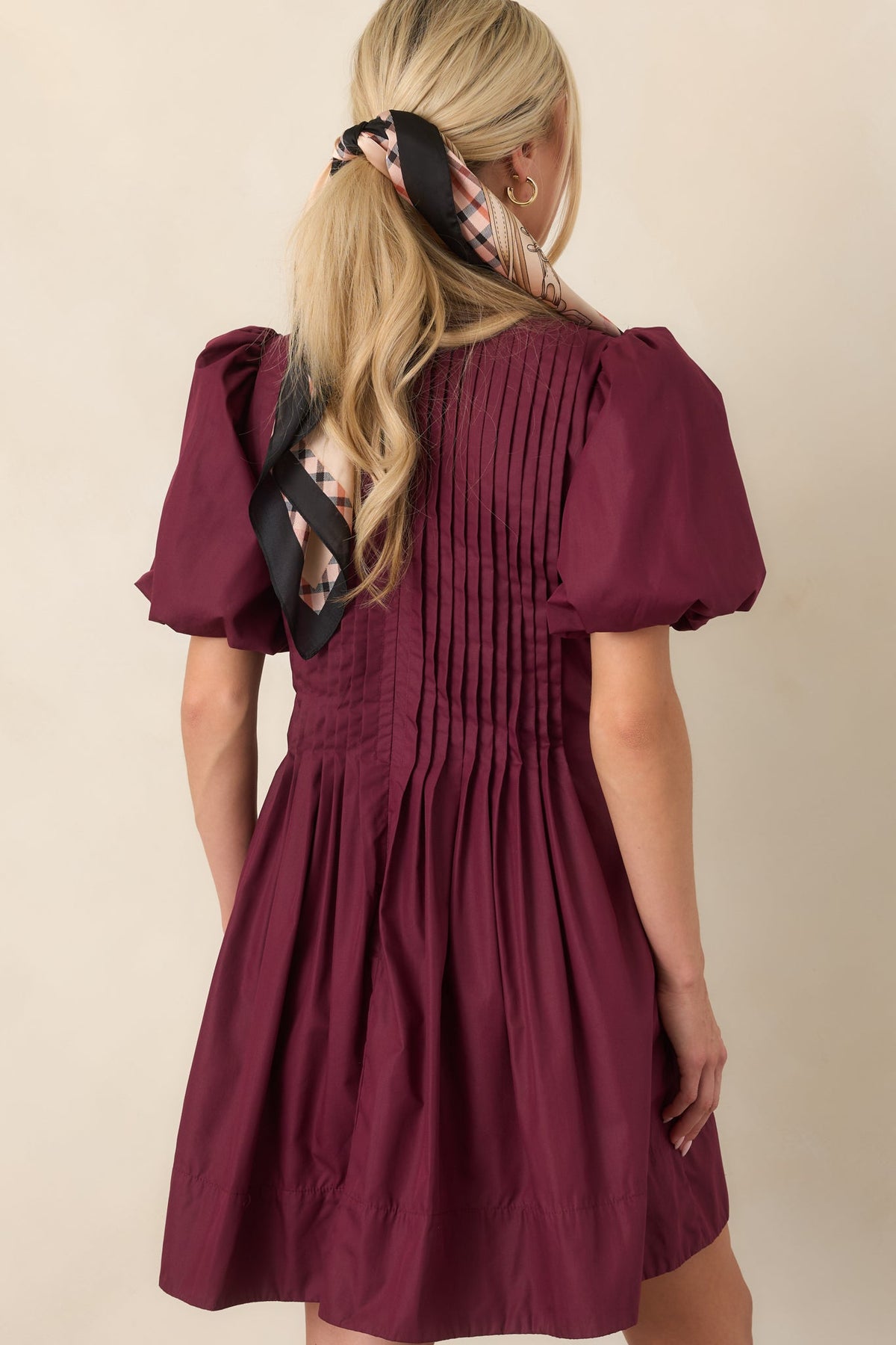 Pleats to Meet You Merlot Purple Pintuck Puff Sleeve Mini Dress